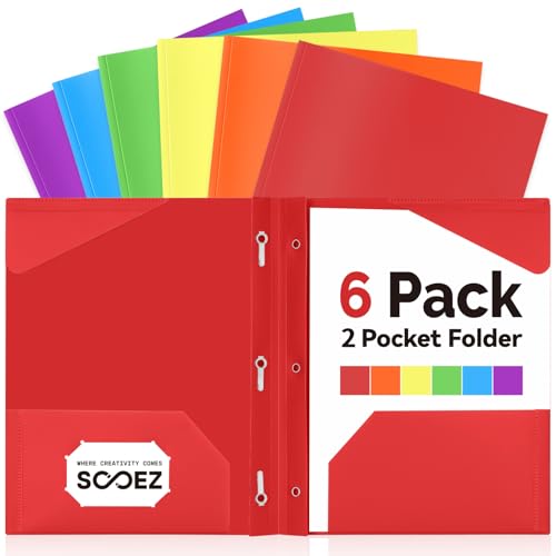upgraded Sooez Plastic Folders with Pockets and Prongs, 6 for Daily Use